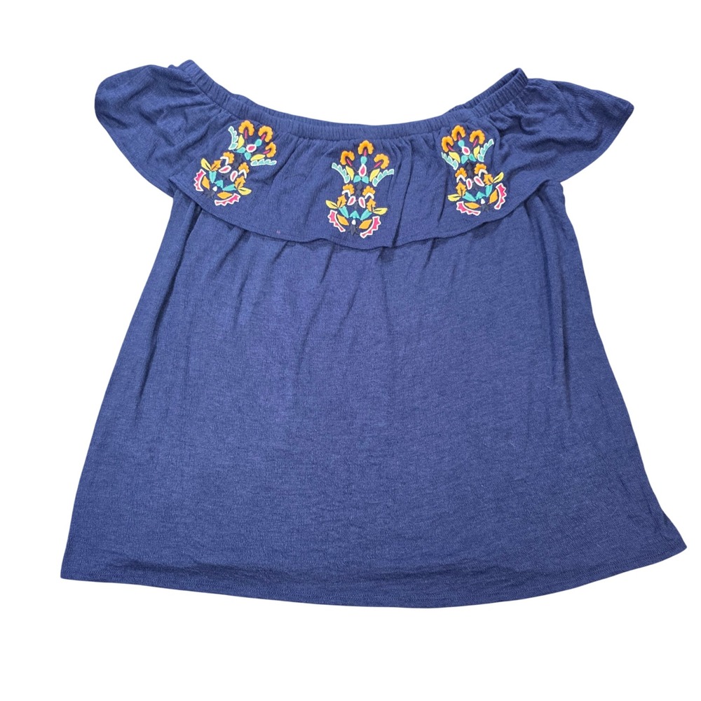 New Directions Weekend Curvy Off Shoulder Top Women's 1X Navy Embroidered Boho